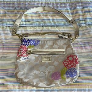 Coach Poppy Graffiti Floral Signature Tan Shoulder Bag F20791